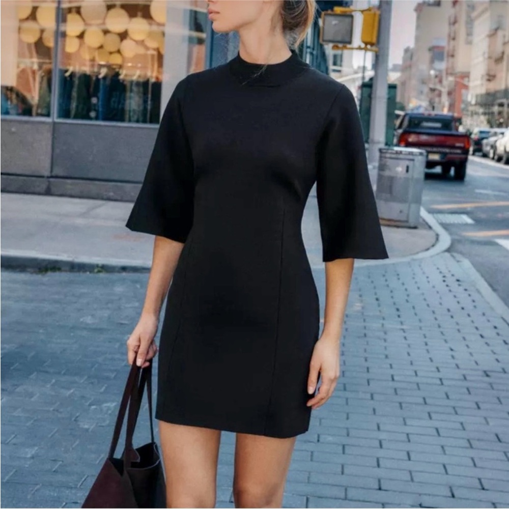 Zara NWT black 3/4th quart sleeve mock neck knit sweater mini dress - Picture 2 of 11